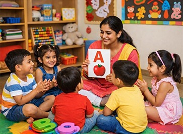 Teacher interacting with kindergarten children